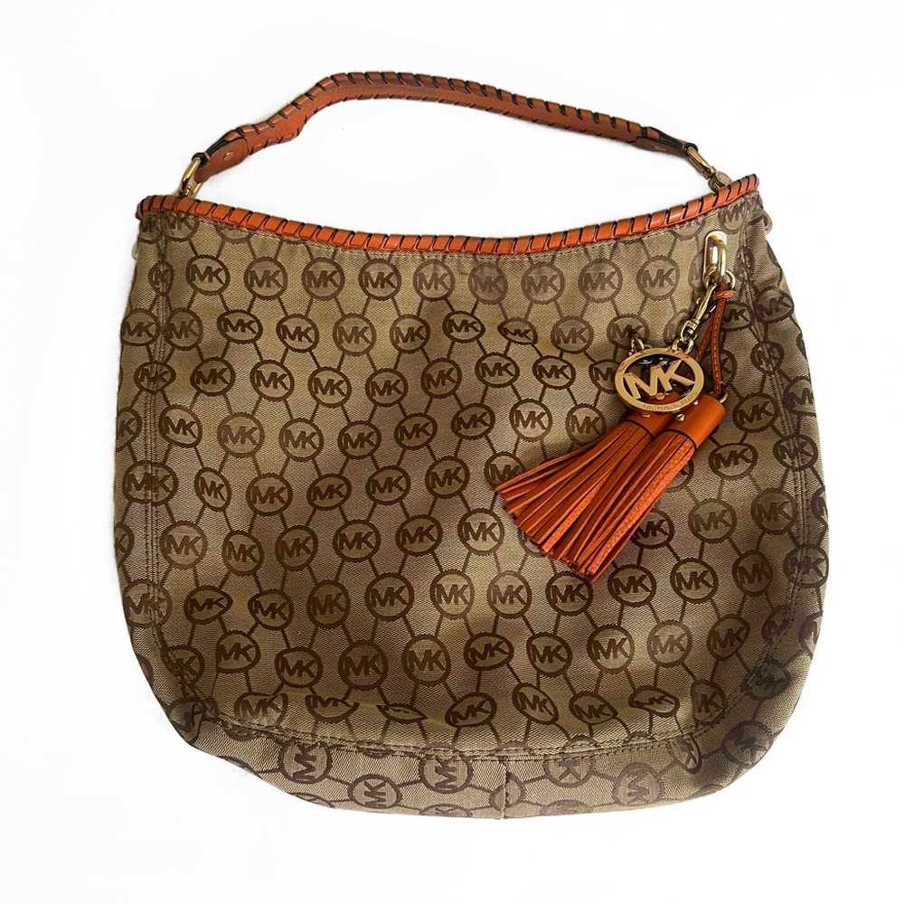 Michael Kors AI-1109 Tan and Orange Logo Hobo Bag